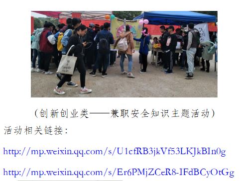 （创新创业类——兼职安全知识主题活动） 活动相关链接：  http://mp.weixin.qq.com/s/U1cfRB3jkVf53LKJkBIn0g http://mp.weixin.qq.com/s/Er6PMjZCeR8-IFdBCyOtGg