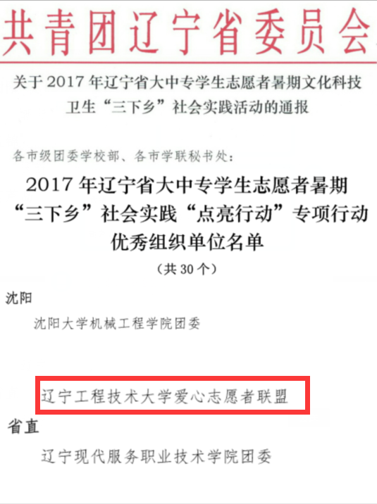 辽宁省大中专学生志愿者暑期“三下乡”社会实践“点亮行动”专项行动优秀组织单位